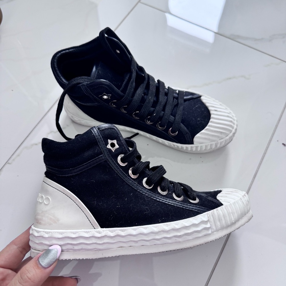 Jimmy Choo 34 Black Canvas and Leather Trainers High Top Sneakers US4 Women’s